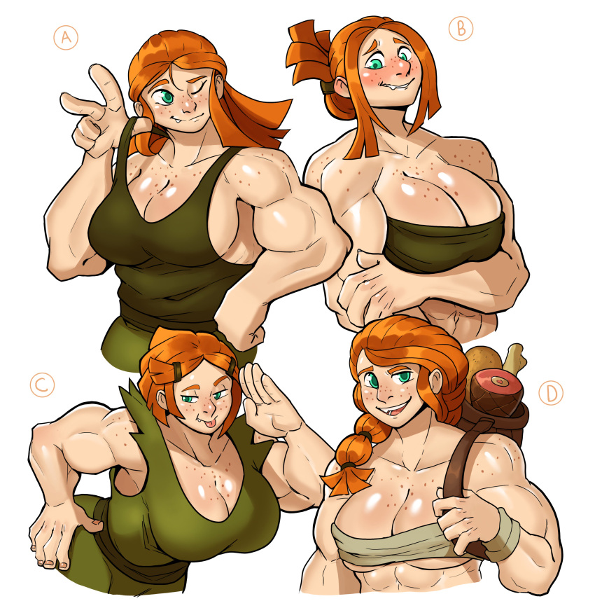 1girl abs absurdres aqua_eyes bare_shoulders blush braid breasts busty chris-ceehaz cleavage fangs female female_only food freckles highres large_breasts looking_at_viewer muscle muscular muscular_female orange_hair salute smile solo tongue