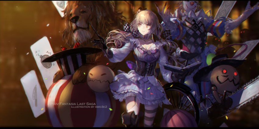 1girl artist_name black_gloves blonde_hair book bow breasts brown_eyes checkered checkered_bow choker cleavage clown collarbone copyright_name corset floating_hair gloves hair_bow highres holding long_hair medium_breasts miniskirt open_book parted_lips pixiv_fantasia pixiv_fantasia_last_saga shirt skirt striped striped_skirt swd3e2 twintails white_shirt white_skirt