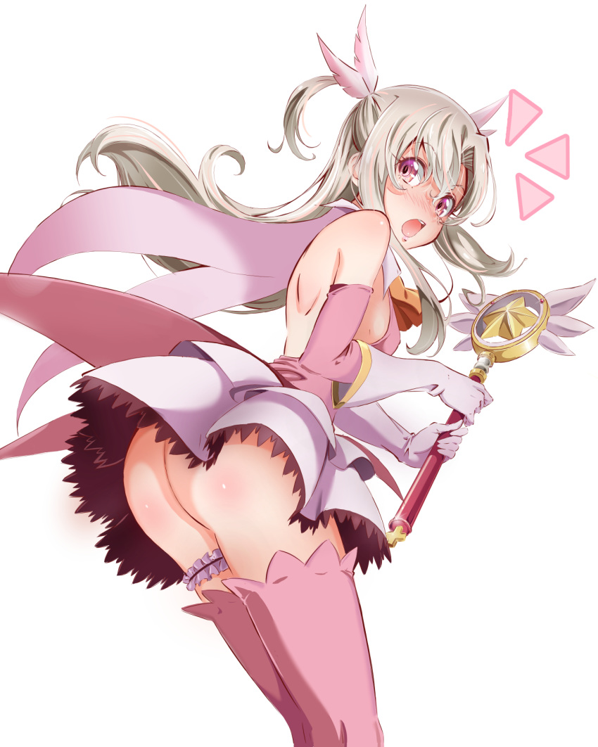 1girl :o ass backless_outfit blush boots breasts detached_sleeves elbow_gloves embarrassed eyebrows_visible_through_hair fate/kaleid_liner_prisma_illya fate_(series) floating_hair gloves grey_skirt hair_between_eyes highres holding holding_staff layered_skirt leaning_forward long_hair long_sleeves looking_at_viewer magical_ruby miniskirt ngv3553 pink_eyes pink_feathers pink_footwear pink_sleeves pleated_skirt prisma_illya shiny shiny_skin shoulder_blades sideboob silver_hair simple_background skirt solo staff surprised thigh_boots thigh_strap thighhighs two_side_up very_long_hair white_background white_gloves