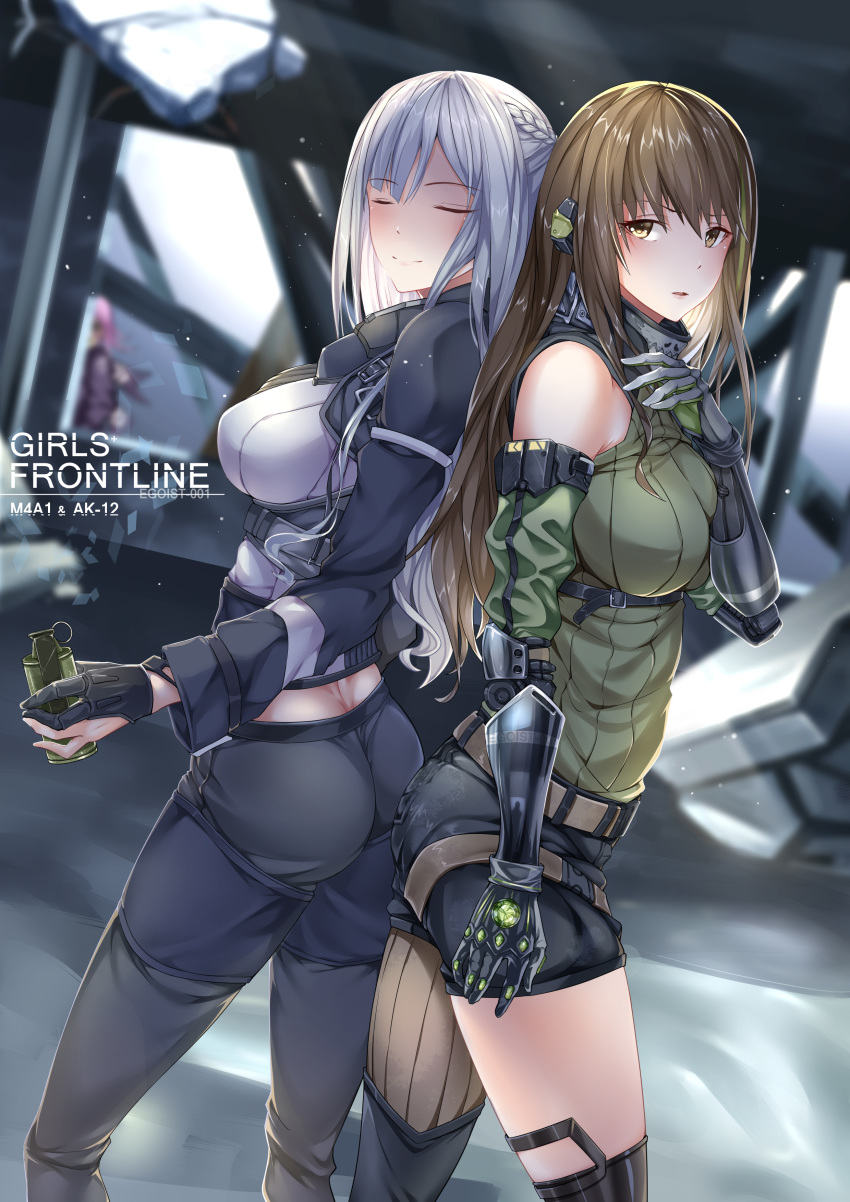 3girls absurdres ak-12_(girls_frontline) ass braid breasts brown_hair butt_bump butt_crack character_request commentary_request egoist-001 english_text eyes_closed flashbang french_braid girls_frontline headphones highres large_breasts m4a1_(girls_frontline) mechanical_arm multiple_girls pants platinum_blonde_hair shorts st_ar-15_(girls_frontline) tactical_clothes