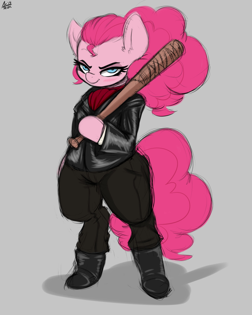 aer0_zer0 baseball_bat bat_(object) blue_eyes boots clothing cosplay earth_pony equid equine female feral footwear friendship_is_magic fur grey_background hair hi_res holding_object horse jacket mammal my_little_pony negan pants pink_fur pink_hair pinkie_pie_(mlp) pony signature simple_background solo standing the_walking_dead