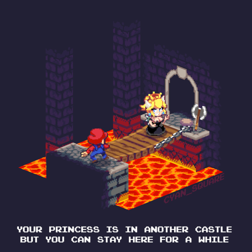 1boy 1girl armlet axe black_dress blonde_hair blue_earrings blue_eyes bowsette brick_wall bridge chibi crown cyan_square diorama dress earrings english_text full_body grin hat high_ponytail horns indoors isometric jewelry long_hair long_sleeves looking_at_another mario mario_(series) molten_rock new_super_mario_bros._u_deluxe nintendo overalls pixel_art ponytail smile spiked_shell spikes standing strapless strapless_dress super_crown super_mario_bros. sweater turtle_shell