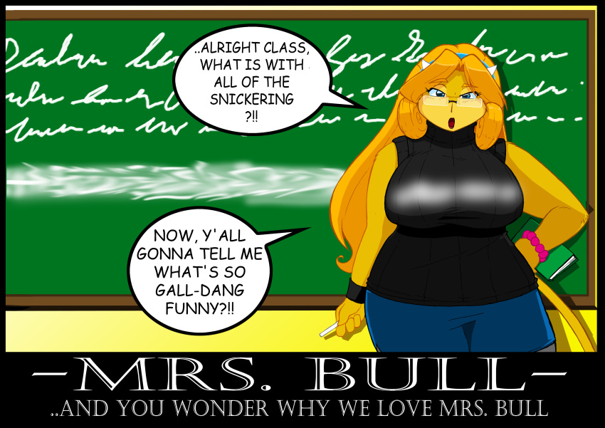 absurd_res big_breasts bovid bovine bracelet breasts cattle chalk chalkboard classroom eyewear female glasses hi_res jewelry mammal school shonuff shonuff44 solo