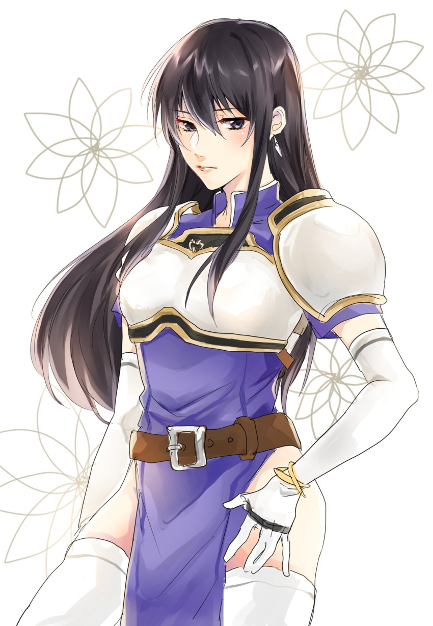 1girl aira_(fire_emblem) akomu_junji armor belt black_eyes black_hair breastplate cowboy_shot dress earrings elbow_gloves expressionless fingerless_gloves fire_emblem fire_emblem:_seisen_no_keifu gloves hair_between_eyes highres jewelry lips long_hair looking_at_viewer nintendo pelvic_curtain short_sleeves shoulder_armor side_slit simple_background sketch solo straight_hair thighhighs thighs white_background white_gloves white_legwear