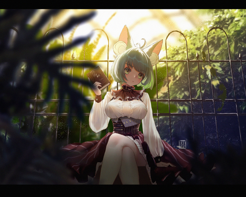 1girl 1shtar animal_ears blush book breasts cat_ears corset fence frills grey_hair highres legs_crossed original outdoors plant sitting solo yellow_eyes