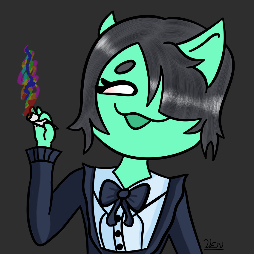 absurd_res anthro black_hair bow clothed clothing domestic_cat dress drugs eyebrows felid feline felis female fully_clothed fur green_fur hair happy hi_res mammal mynt_(character) paraphore smoke solo venasii