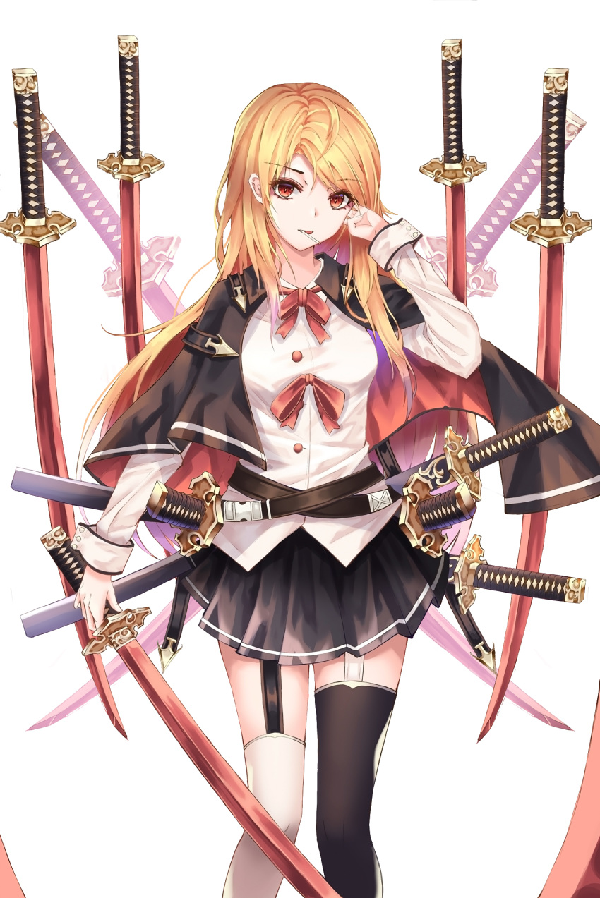 1girl belt black_cloak black_legwear black_skirt blonde_hair breasts buttons cloak collared_shirt cup6542 dress_shirt feet_out_of_frame floating_swords garter_straps hand_up highres holding holding_sword holding_weapon katana long_hair long_sleeves looking_at_viewer medium_breasts miniskirt mismatched_legwear mouth_hold multiple_swords neck_ribbon original parted_lips pleated_skirt red_eyes red_neckwear red_ribbon ribbon sheath sheathed shirt sidelocks simple_background skirt solo standing stick sword thighhighs weapon weapon_on_back white_background white_legwear white_shirt zettai_ryouiki