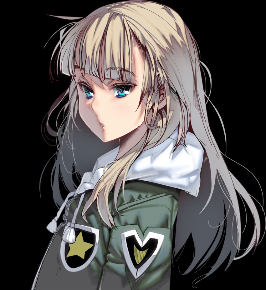 1girl bangs black_background blonde_hair blue_eyes blunt_bangs chestnut_mouth eyebrows_visible_through_hair highres jacket long_hair looking_at_viewer masao military original profile solo upper_body