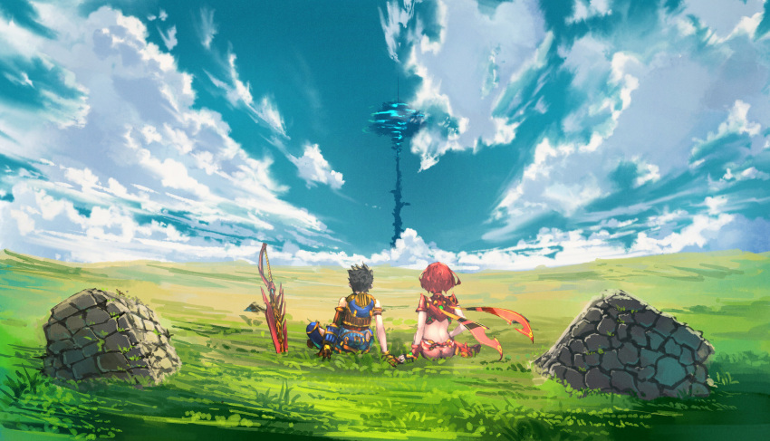 1boy 1girl absurdres ass black_hair brown_gloves cloud crop_top day from_behind gloves hand_on_hand highres homura_(xenoblade_2) midriff nintendo outdoors poteto_(potetosarada123) red_hair rex_(xenoblade_2) scenery short_hair sword weapon xenoblade_(series) xenoblade_2