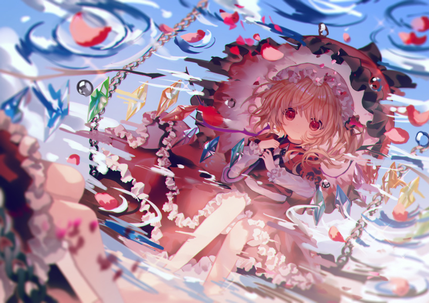 1girl adapted_costume black_bow black_neckwear blonde_hair blue_sky blurry bow brooch chains crystal depth_of_field flandre_scarlet frilled_skirt frilled_sleeves frills hair_ribbon hat holding holding_umbrella jewelry long_sleeves mob_cap one_side_up parasol petals petals_on_liquid puffy_short_sleeves puffy_sleeves red_eyes red_ribbon red_skirt red_vest reflection ribbon ripples shirt short_hair short_over_long_sleeves short_sleeves side_ponytail sitting skirt skirt_set sky smile solo swing touhou umbrella vest water_surface white_headwear white_shirt wings yasato