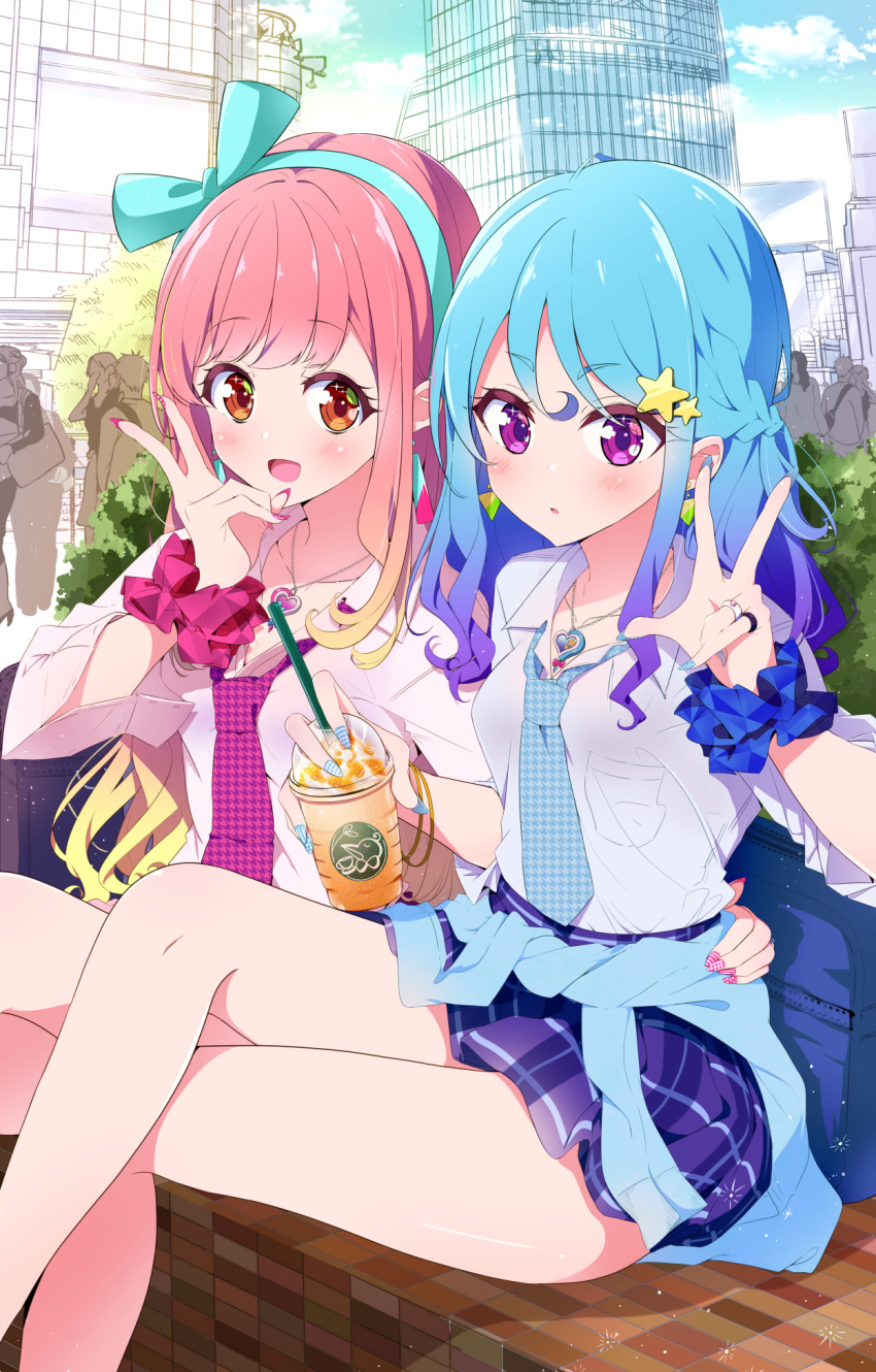 2girls :d :o aikatsu!_(series) aikatsu_friends! bag bangs bare_legs blue_bow blue_hair blush bokkun_(doyagaobyo) bow braid brand_name_imitation brown_eyes cardigan city cityscape clothes_around_waist cloud cloudy_sky commentary_request cowboy_shot cup day disposable_cup drinking_straw eyebrows_visible_through_hair gradient_hair gyaru hair_between_eyes hair_bow hair_ornament hairband hand_on_another's_hip heart heart_necklace highres holding holding_cup jewelry kogal legs_crossed long_hair looking_at_viewer loose_clothes loose_necktie loose_shirt minato_mio multicolored_hair multiple_girls nail_art nail_polish necktie open_mouth orange_hair outdoors pink_hair plaid plaid_skirt plant pleated_skirt pose purple_eyes purple_hair real_world_location school_bag school_uniform scrunchie shadow shibuya_(tokyo) shibuya_109 shirt shoulder_bag sitting skirt sky sleeves_rolled_up smile star star_hair_ornament swept_bangs tokyo_(city) triangle_earrings unbuttoned_sleeves v white_shirt wrist_scrunchie yuri yuuki_aine