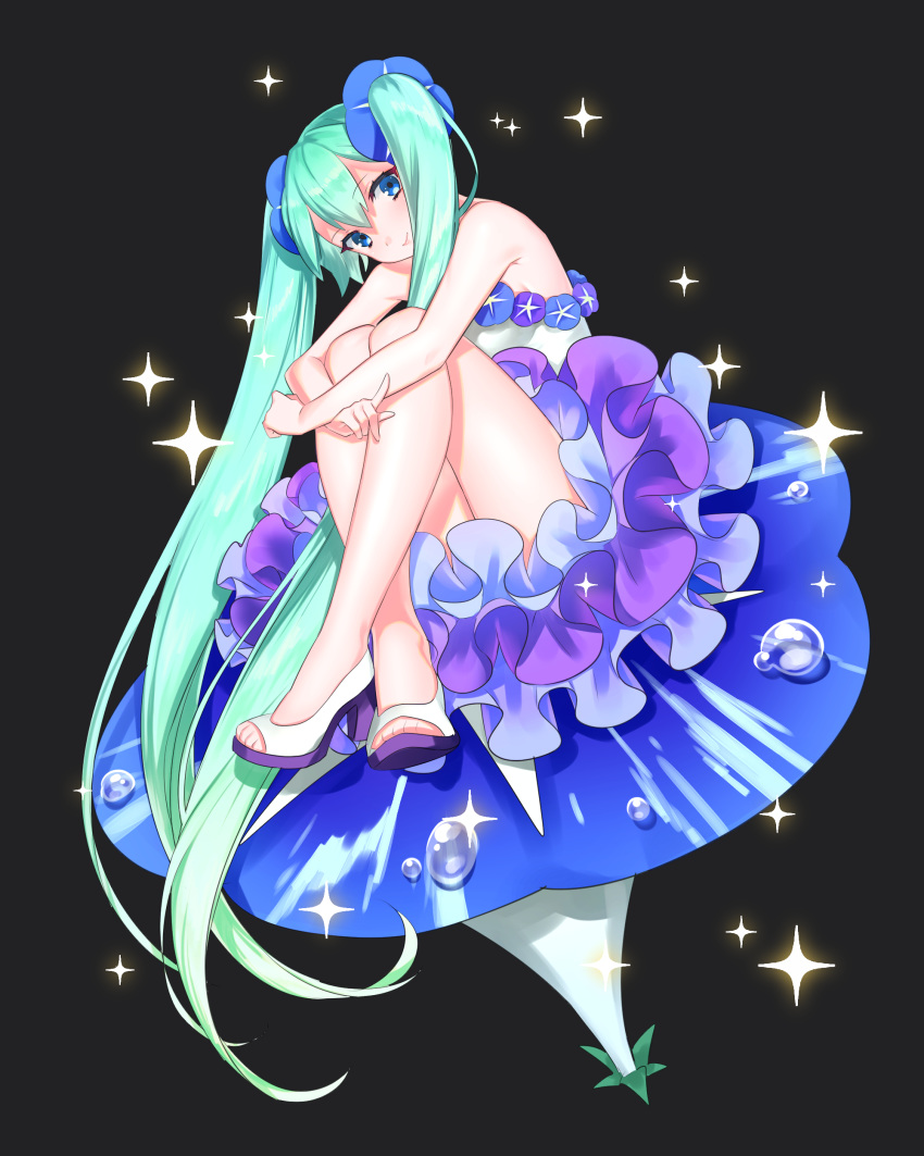 1girl absurdres alternate_costume aqua_hair bare_arms bare_legs bare_shoulders black_background blue_eyes blue_flower dew_drop dress eyebrows_visible_through_hair flower flower_request frilled_dress frills full_body hagehiro hatsune_miku head_tilt high_heels highres index_finger_raised legs_crossed long_hair looking_at_viewer open_toe_shoes simple_background sitting smile solo sparkle sparkle_background strapless thighs toenails twintails very_long_hair vocaloid water water_drop white_dress white_footwear