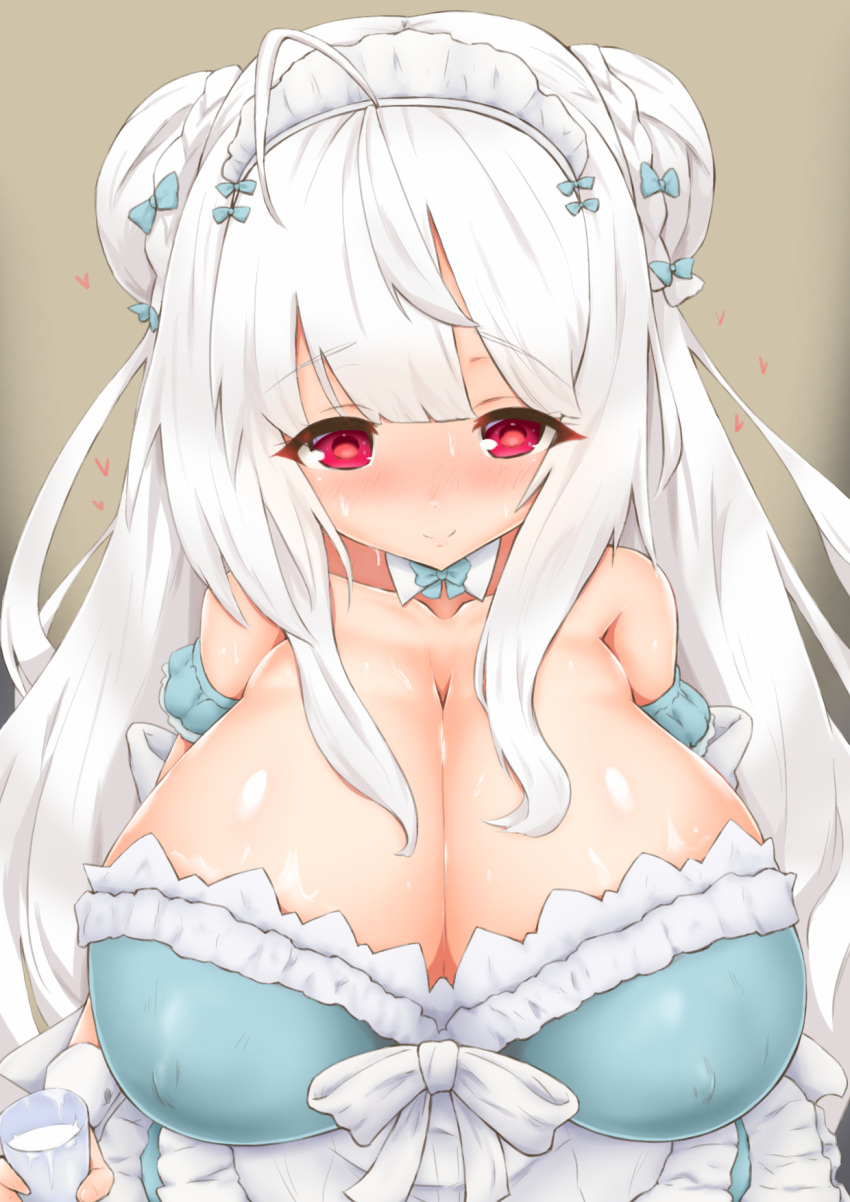 1girl ahoge apron azur_lane bangs bare_shoulders bea_(adfhbcf4326) blue_bow blue_dress blush bow braided_bun breasts cleavage closed_mouth collarbone cup cygnet_(azur_lane) detached_collar double_bun dress erect_nipples eyebrows_visible_through_hair frilled_apron frilled_dress frills green_background hair_bow heart highres holding holding_cup huge_breasts long_hair looking_at_viewer maid_dress maid_headdress milk nose_blush red_eyes shiny shiny_skin sidelocks simple_background smile solo strapless strapless_dress sweat waist_apron white_apron white_hair wing_collar wrist_cuffs