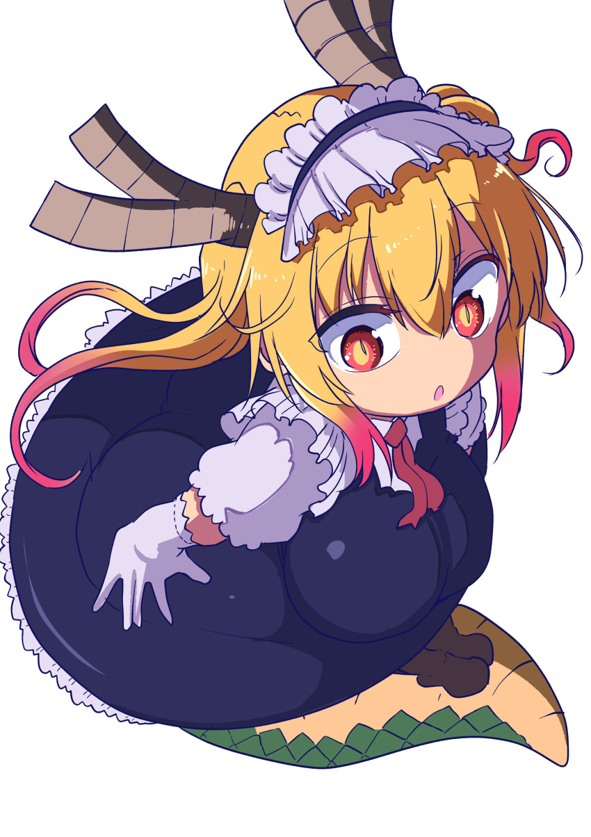 1girl \||/ absurdres bangs breasts brown_horns colored_eyelashes cool-kyou_shinja dragon_girl dragon_horns dragon_tail eyebrows_visible_through_hair full_body gloves gradient_hair green_scales hair_between_eyes highres horns kobayashi-san_chi_no_maidragon large_tail leaning_forward legs_together long_hair looking_at_viewer maid_headdress multicolored multicolored_eyes multicolored_hair orange_eyes orange_hair parted_hair pink_hair raised_eyebrows red_eyes red_neckwear scales simple_background sketch_eyebrows slit_pupils solo tail tooru_(maidragon) twintails white_background white_gloves wide-eyed