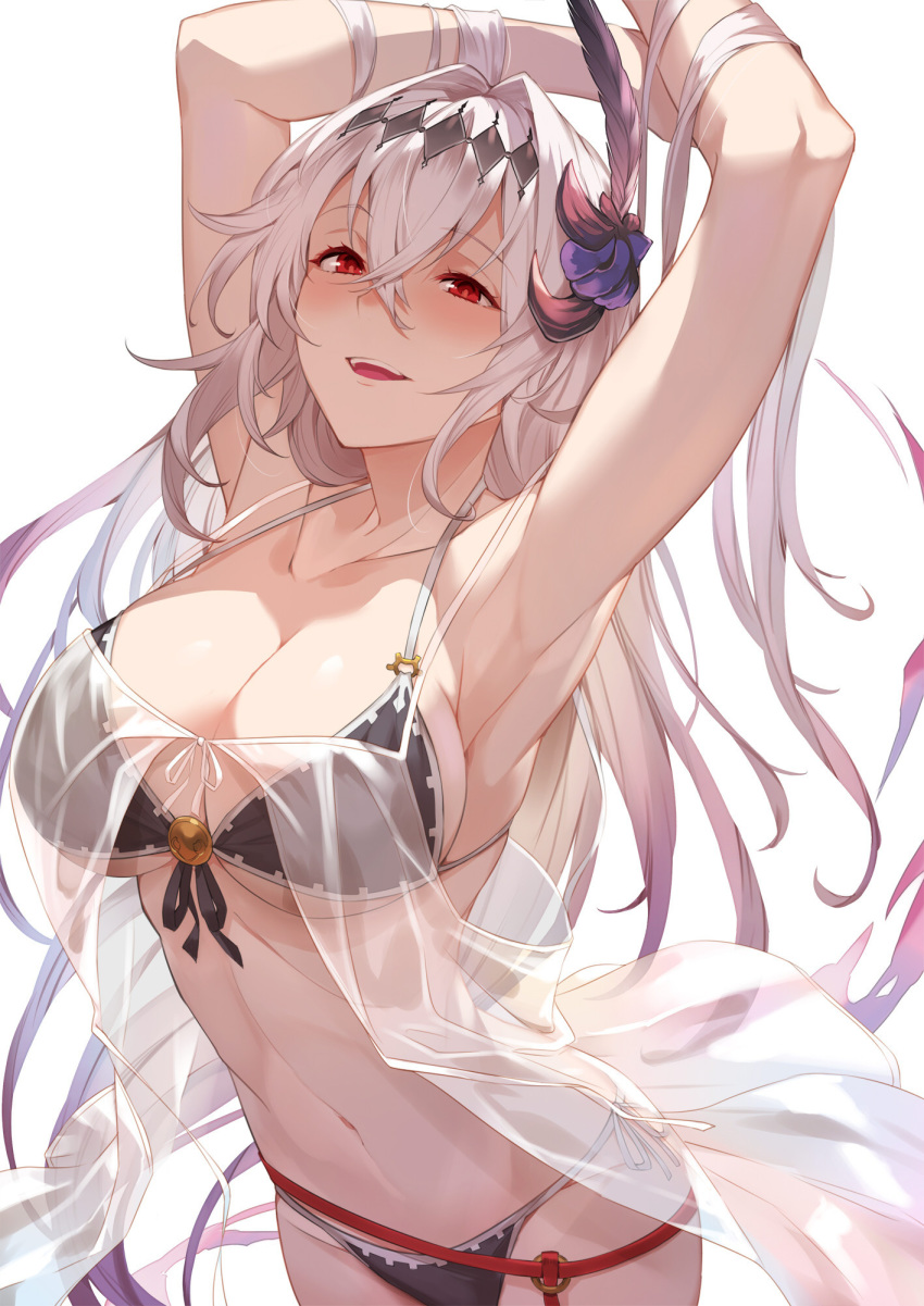 1girl armpits arms_behind_head arms_up bangs bare_shoulders bikini black_bikini breasts cleavage dark_jeanne diadem feathers flower granblue_fantasy hair_between_eyes hair_feathers hair_flower hair_intakes hair_ornament highres hip_focus kakage large_breasts long_hair looking_at_viewer navel open_mouth parted_lips red_eyes simple_background smile solo swimsuit white_background white_hair