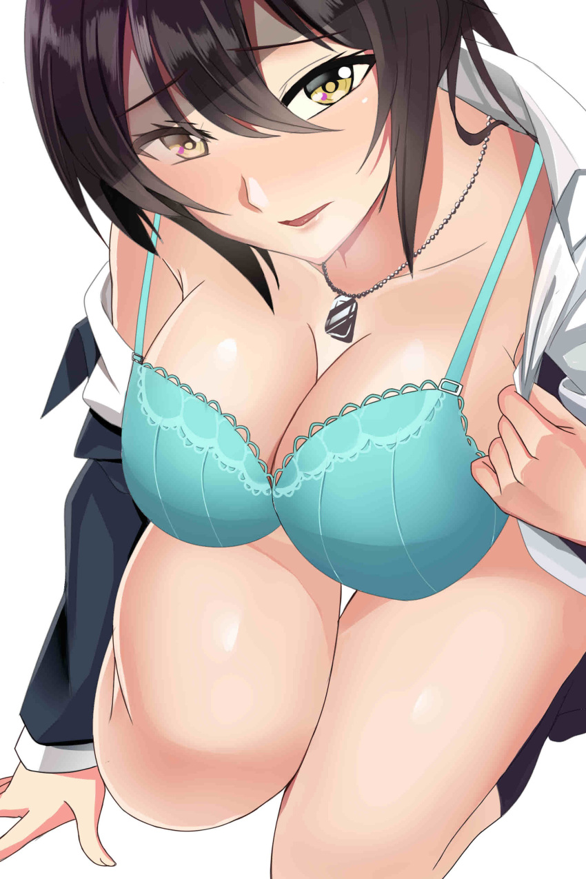 1girl absurdres aqua_bra bangs black_hair blazer bra breasts cleavage dog_tags dress_shirt hair_between_eyes high_ponytail highres idolmaster idolmaster_shiny_colors jacket jewelry large_breasts looking_at_viewer necklace open_clothes open_mouth open_shirt pdc ponytail shirase_sakuya shirt squatting thighs underwear white_shirt yellow_eyes