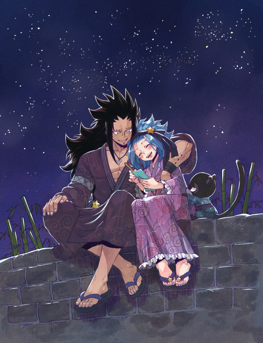 1boy 1girl :d black_hair blue_hair brown_kimono chin_piercing cloud_print collarbone ear_piercing eyes_closed fairy_tail floral_print frilled_kimono frills full_body gajeel_redfox hair_ornament head_tilt highres holding japanese_clothes jewelry kimono levy_mcgarden long_hair nail_polish necklace night nose_piercing open_mouth outdoors pantherlily piercing pink_nails print_kimono purple_kimono rusky sky smile spiked_hair star star_(sky) star_hair_ornament starry_sky toenail_polish twitter_username very_long_hair