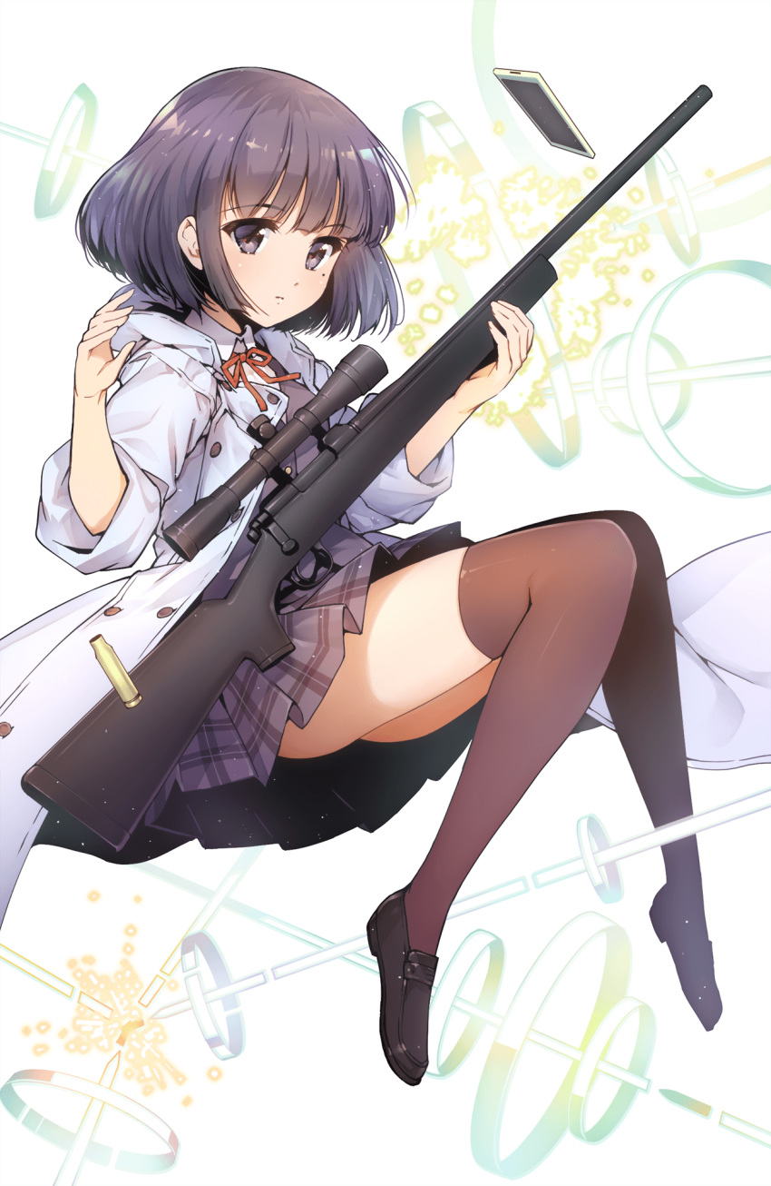 1girl black_eyes black_footwear black_hair black_skirt brown_legwear cellphone closed_mouth coat darwin's_game expressionless from_side full_body gun highres holding holding_gun holding_weapon kashiwagi_rein knees_together_feet_apart loafers miniskirt mole mole_under_eye neck_ribbon official_art phone plaid plaid_skirt pleated_skirt ribbon rifle school_uniform shell_casing shoes short_hair skirt sleeves_rolled_up smartphone sniper_rifle solo takahata_yuki thighhighs weapon white_coat wing_collar