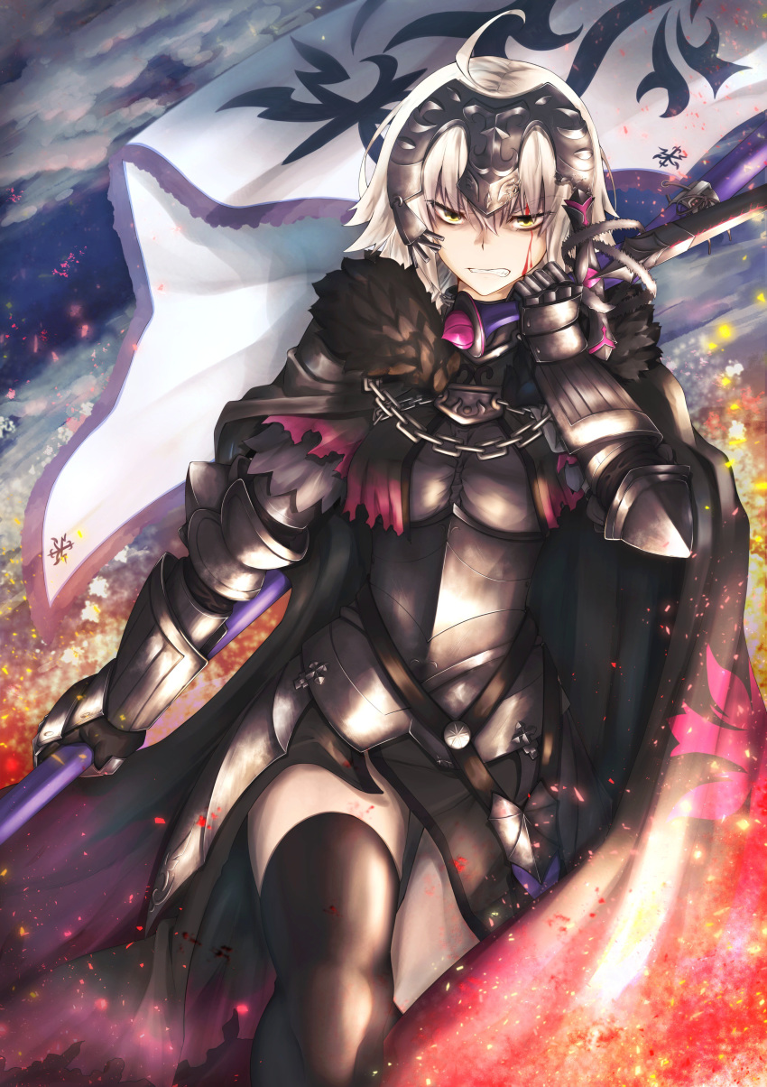 1girl absurdres ahoge armor armored_dress bangs black_dress black_legwear blood breasts cape chains clenched_teeth dress eyebrows_visible_through_hair fate/grand_order fate_(series) fire flag fur-trimmed_cape fur_collar fur_trim gauntlets headpiece highres holding holding_flag holding_sword holding_weapon injury jeanne_d'arc_(alter)_(fate) jeanne_d'arc_(fate) jeanne_d'arc_(fate)_(all) kuromu large_breasts legs_crossed looking_at_viewer short_hair sidelocks silver_hair solo standard_bearer sword teeth thighhighs tsurime weapon wind yellow_eyes