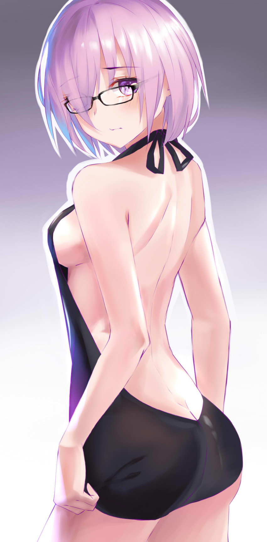 1girl :s absurdres amaroku_neko ass bag black-framed_eyewear blush breasts butt_crack dimples_of_venus fate/grand_order fate_(series) hair_over_one_eye highres looking_at_viewer mash_kyrielight meme_attire purple_eyes purple_hair short_hair shoulder_bag sideboob solo virgin_killer_sweater white_background