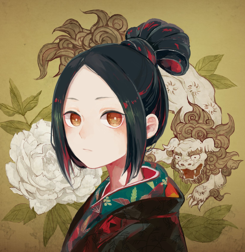 1girl black_hair commentary_request expressionless fine_art_parody flower hair_bun highres kamura_gimi leaf lion looking_at_viewer nihonga original parody patterned_clothing portrait red_eyes solo white_flower