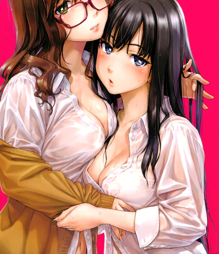 2girls absurdres black_hair blue_eyes blush breasts brown_hair cardigan cleavage dress_shirt fingernails glasses green_eyes highres long_fingernails long_hair looking_at_viewer medium_breasts multiple_girls naruko_hanaharu navel off_shoulder open_clothes open_shirt original parted_lips pink_background red-framed_eyewear scan see-through shirt simple_background wet wet_clothes yuri