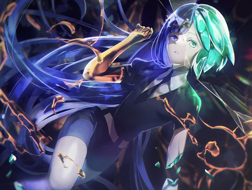 1other androgynous blue_eyes blue_hair breaking colored_eyelashes crack crystal_hair gem_uniform_(houseki_no_kuni) golden_arms green_eyes green_hair hime_cut houseki_no_kuni long_hair looking_at_viewer necktie phosphophyllite phosphophyllite_(ll) shards short_hair solo spoilers transformation