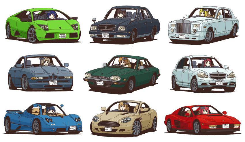 6+girls absurdres aston_martin aston_martin_db9 bmw bmw_850i car check_commentary commentary commentary_request ferrari ferrari_testarossa ground_vehicle highres jaguar_(car) jaguar_xj-s kunikida_hanamaru kurosawa_dia kurosawa_ruby lamborghini lamborghini_murcielago love_live! love_live!_sunshine!! matsuura_kanan mercedes-benz mercedes-benz_w221 motor_vehicle multiple_girls ohara_mari pagani pagani_zonda rainforce rolls-royce rolls-royce_phantom sakurauchi_riko takami_chika toyota toyota_century tsushima_yoshiko watanabe_you