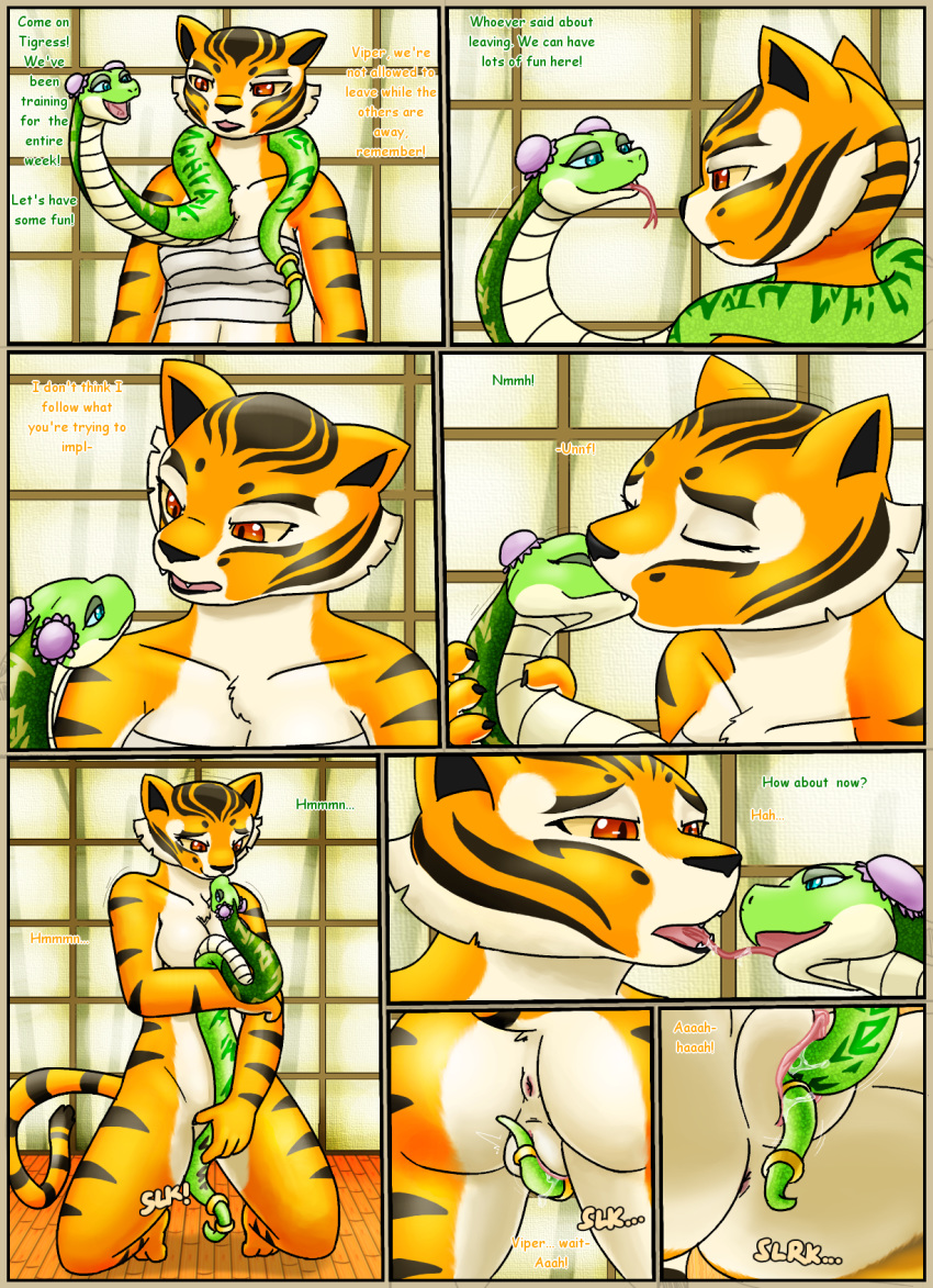 anthro breasts comic dreamworks duo english_text felid female french_kissing half-closed_eyes hi_res kissing kung_fu_panda livinlovindude mammal master_tigress master_viper open_mouth pantherine pussy reptile scalie size_difference snake text tiger viper
