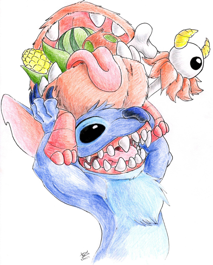 2015 alien black_eyes blue_claws blue_fur blue_nose bone carrying chester_(don't_starve) claws corn crossover disney don't_starve duo eating experiment_(species) food fruit fur hi_res lilo_and_stitch melon midnighthuntingwolf notched_ear open_mouth open_smile orange_fur simple_background smile stitch traditional_media_(artwork) unknown_species video_games white_background