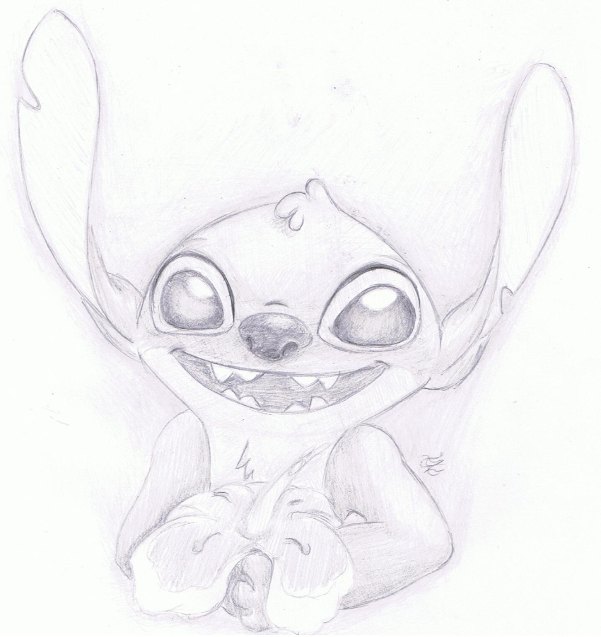 alien chest_tuft disney experiment_(species) flower graphite_(artwork) greyscale head_tuft hi_res hibiscus holding_flower holding_object lilo_and_stitch looking_at_viewer midnighthuntingwolf monochrome notched_ear open_mouth open_smile pencil_(artwork) plant smile solo stitch traditional_media_(artwork) tuft