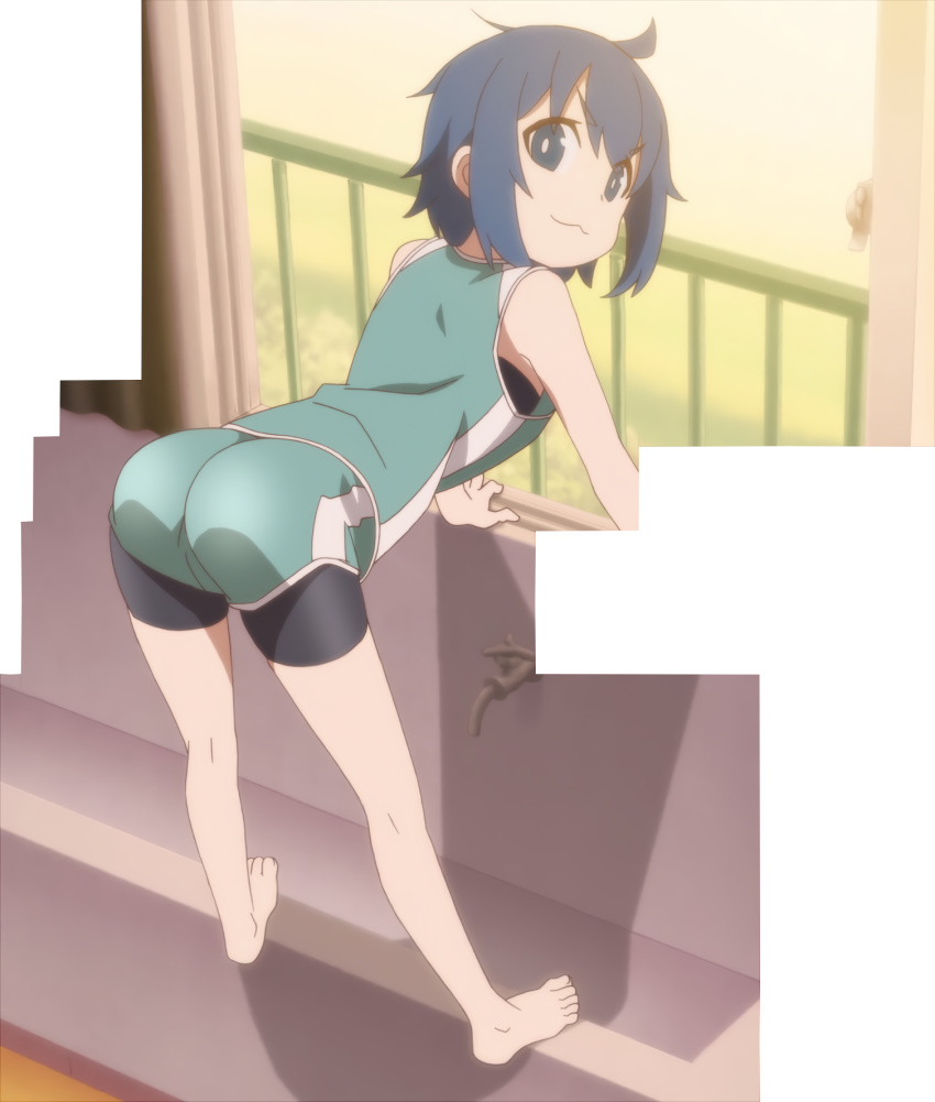 :3 ass barefoot bent_over bike_shorts blue_eyes blue_hair feet highres nishihara screencap stitched third-party_edit toes ueno-san_wa_bukiyou