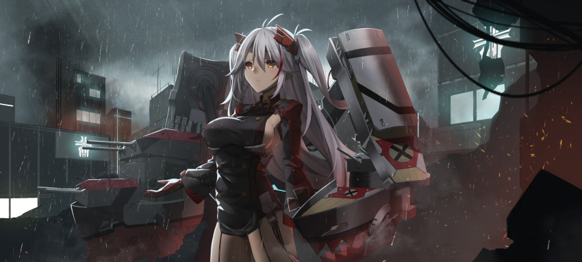 1girl antenna_hair armpit_cutout ashisi azur_lane bangs black_leotard breasts brown_eyes cannon cloud cloudy_sky commentary_request expressionless eyebrows_visible_through_hair garter_straps gloves hair_between_eyes hand_up headgear highres iron_cross large_breasts leotard light_particles lights long_hair long_sleeves looking_up multicolored_hair night outdoors pelvic_curtain prinz_eugen_(azur_lane) rain red_hair revision rigging sideboob silver_hair sky solo standing streaked_hair swept_bangs two_side_up very_long_hair