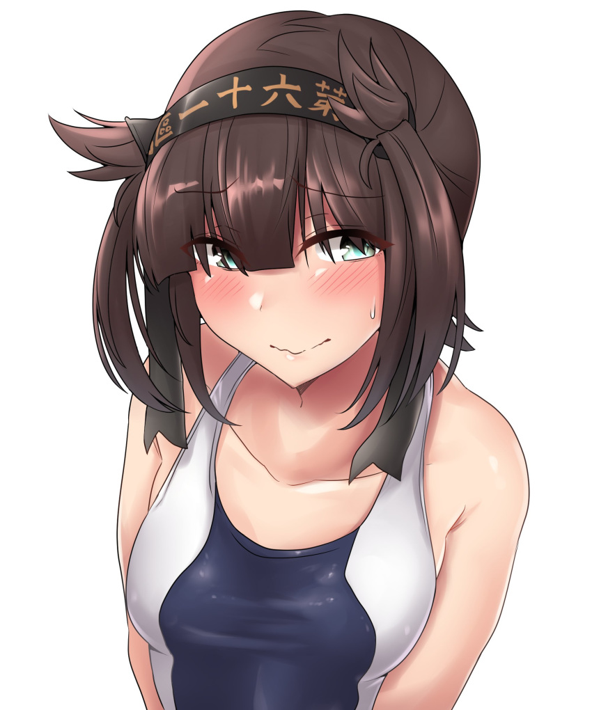 1girl absurdres aqua_eyes bare_arms black_headband blue_swimsuit blush breasts brown_hair closed_mouth clothes_writing collarbone competition_swimsuit embarrassed eyebrows_visible_through_hair hair_flaps hatsuzuki_(kantai_collection) headband highres kantai_collection kiritto lips looking_at_viewer one-piece_swimsuit shiny shiny_hair shiny_skin short_hair simple_background small_breasts solo swimsuit two-tone_swimsuit upper_body wet white_background white_swimsuit