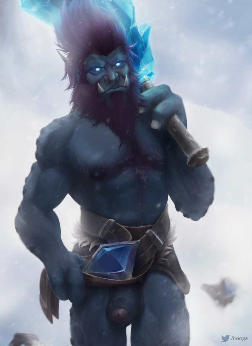 barazoku beard clothed clothing erection facial_hair hair hi_res humanoid humanoid_penis jhooga league_of_legends male muscular muscular_male nipples pecs penis riot_games solo topless troll trundle tusks uncut video_games