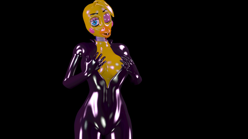 3d_(artwork) animatronic avian breast_grab breasts camel_toe clothing digital_media_(artwork) female five_nights_at_freddy's five_nights_at_freddy's_2 hand_on_breast hi_res looking_at_viewer machine one_eye_closed robot rubber rubber_suit shiny solo source_filmmaker toy_chica_(fnaf) video_games wink wire yaboiscout