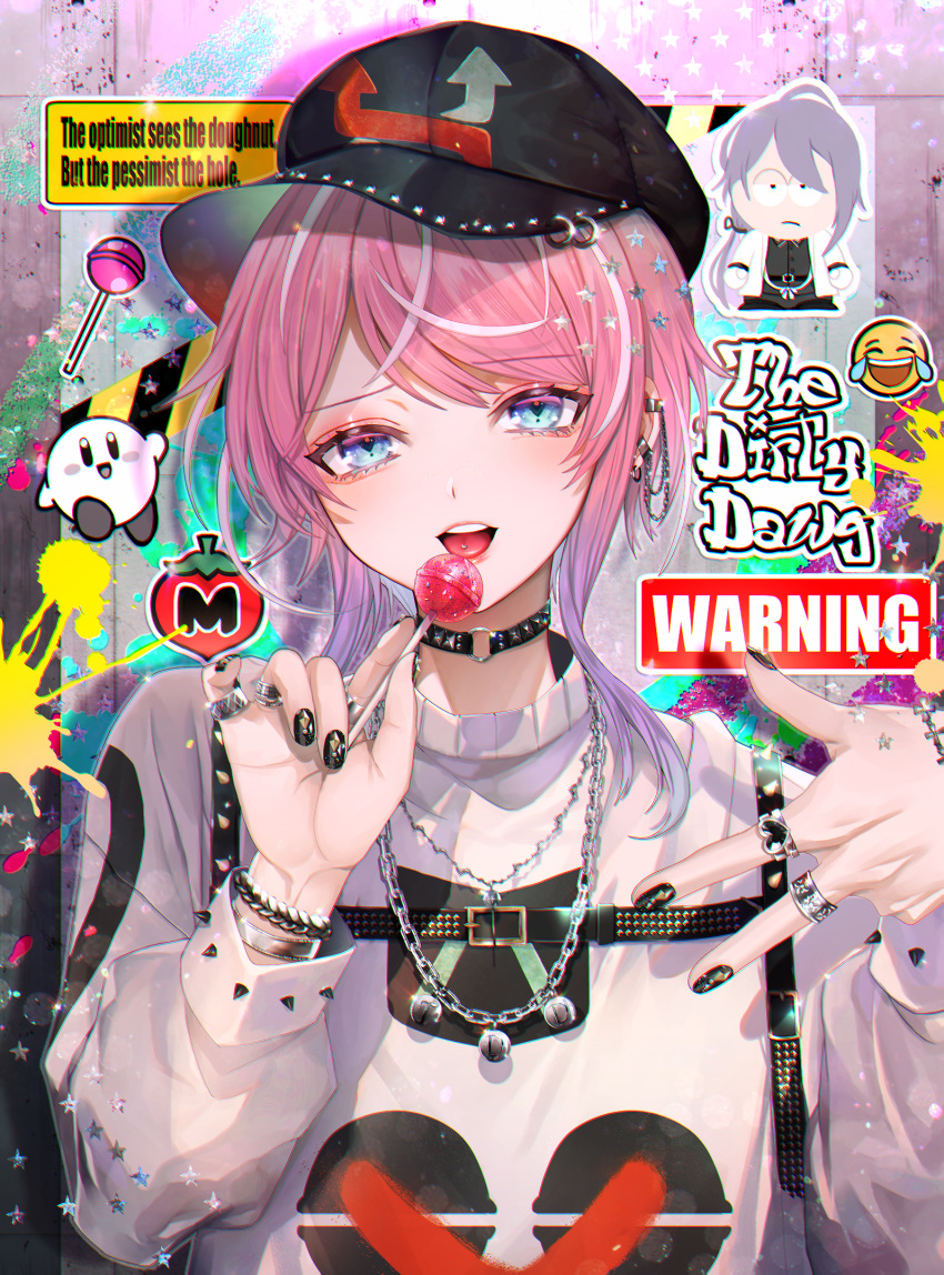 1boy abandon_ranka amemura_ramuda bangs baseball_cap black_choker black_headwear black_nails blue_eyes bracelet buckle candy chains character_request choker ear_piercing earrings emoji english_text eyebrows_visible_through_hair eyeshadow food gradient_hair graffiti half-closed_eyes hand_up hat head_tilt heart highres holding holding_food holding_lollipop hoop_earrings hypnosis_mic jewelry kirby kirby_(series) lipstick lollipop long_sleeves looking_at_viewer makeup male_focus multicolored_hair nail_art nail_polish necklace nintendo o-ring o-ring_choker open_mouth piercing pink_hair pink_lipstick purple_hair ring shirt short_hair_with_long_locks sidelocks sign solo south_park sparkle spikes star streaked_hair swept_bangs tongue tongue_out trap upper_body upper_teeth w warning_sign white_hair white_shirt