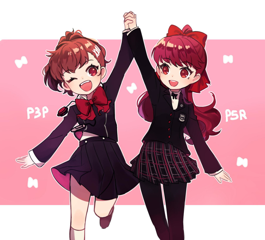 2girls ;d black_legwear black_skirt bow female_protagonist_(persona_3) gekkoukan_high_school_uniform gloves hair_ornament hairclip highres interlocked_fingers long_hair look-alike multiple_girls one_eye_closed open_mouth persona persona_3 persona_3_portable persona_5_the_royal pink_background plaid plaid_skirt pleated_skirt ponytail red_bow red_eyes school_uniform shuujin_academy_uniform simple_background skirt smile white_gloves