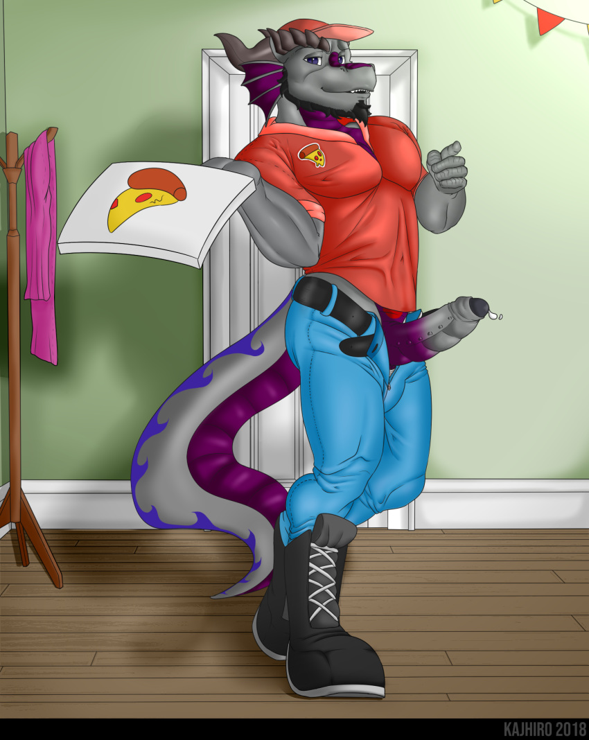 2019 angelpara anthro belt clothed clothing digital_media_(artwork) dragon erection food fully_clothed hair hi_res horn humanoid_penis inside kajhiro looking_at_viewer male muscular pants pecs penis pizza precum scalie scarf solo standing