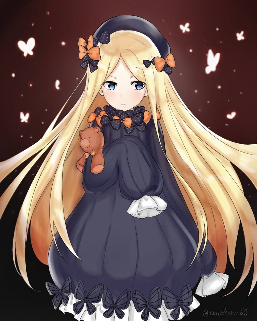 abigail_williams_(fate/grand_order) bangs black_dress black_headwear blonde_hair blue_eyes bow bug butterfly child conchiem69 dress fate/grand_order fate_(series) forehead hair_bow highres holding holding_stuffed_animal insect long_hair object_hug orange_bow parted_bangs polka_dot polka_dot_bow purple_bow sleeves_past_fingers sleeves_past_wrists stuffed_animal stuffed_toy teddy_bear very_long_hair white_bloomers white_skin