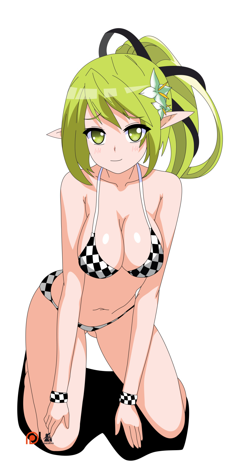 1girl absurdres bikini black_ribbon breasts checkered checkered_bikini cleavage collarbone elsword eyebrows_visible_through_hair full_body green_eyes green_hair hair_ribbon highres indexxryo kneeling long_hair looking_at_viewer medium_breasts navel pointy_ears ponytail rena_(elsword) ribbon shadow shiny shiny_skin sideboob simple_background solo swimsuit white_background