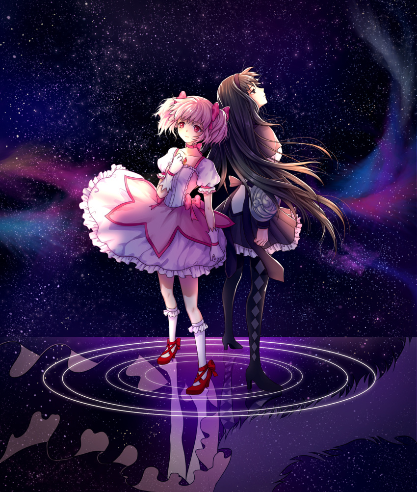 2girls akemi_homura argyle_print back-to-back black_hair black_hairband black_legwear black_skirt bow closed_mouth collarbone female floating_hair frilled_legwear frilled_skirt frills full_body gloves hair_between_eyes hair_bow hairband hand_up hei_yu high_heels highres kaname_madoka kneehighs long_hair long_sleeves looking_at_viewer looking_up mahou_shoujo_madoka_magica medium_skirt miniskirt multiple_girls night night_sky outdoors pantyhose pink_hair pleated_skirt print_legwear red_bow red_eyes red_footwear reflecting_pool reflection shirt short_hair short_sleeves skirt sky smile standing star_(sky) starry_sky twintails very_long_hair white_gloves white_legwear white_shirt white_skirt