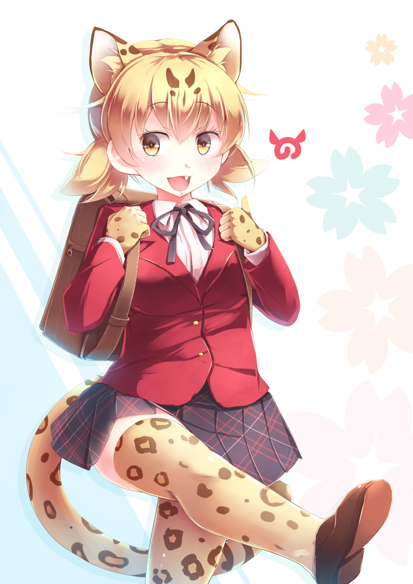 1girl absurdres alternate_costume alternate_hairstyle animal_ears animal_print backpack bag blazer blonde_hair blush brown_hair collared_shirt commentary_request cowboy_shot extra_ears eyebrows_visible_through_hair fang gloves highres holding_strap jacket kanzakietc kemono_friends kemono_friends_festival leg_up leopard_(kemono_friends) leopard_ears leopard_print leopard_tail loafers multicolored_hair neck_ribbon open_mouth plaid plaid_skirt pleated_skirt print_gloves print_legwear ribbon school_uniform shirt shoes short_twintails skirt solo tail thighhighs twintails yellow_eyes zettai_ryouiki