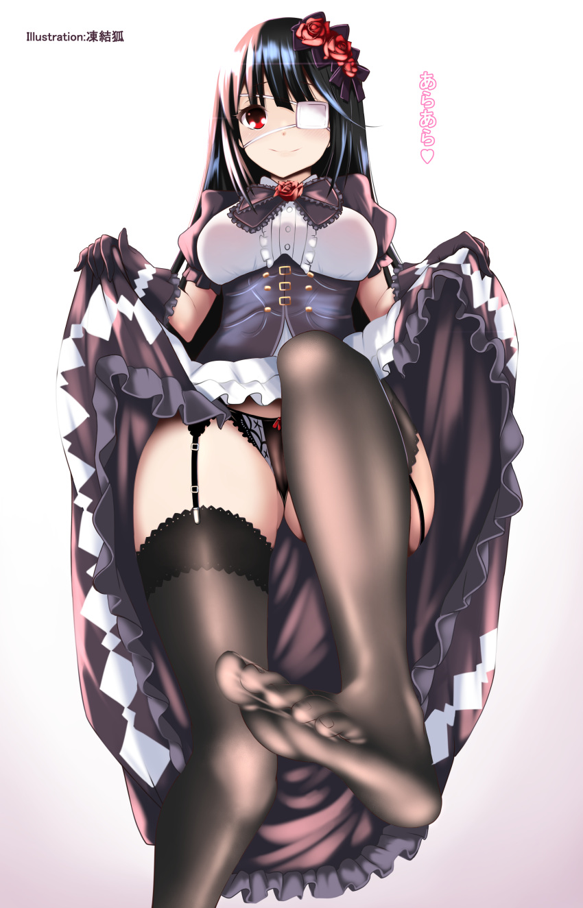 1girl absurdres ass black_hair black_panties breasts commentary date_a_live dress dress_lift english_commentary eyepatch feet flower garter_straps gloves hair_flower hair_ornament highres incro300 lifted_by_self lolita_fashion long_hair medium_breasts panties red_eyes smile solo thighhighs thighs toes tokisaki_kurumi translation_request underwear upskirt very_long_hair