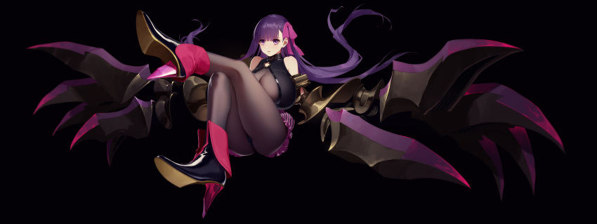 1girl absurdres ass bangs bare_shoulders belt_collar black_background black_legwear black_panties blush bodysuit breasts claws collar commentary daye_bie_qia_lian eyebrows_visible_through_hair fate/grand_order fate_(series) hair_ribbon high_heels highres huge_breasts legs_crossed legs_up long_hair looking_at_viewer o-ring o-ring_top open_mouth panties pantyhose passion_lip pink_eyes pink_ribbon purple_hair revealing_clothes ribbon simple_background solo underwear very_long_hair
