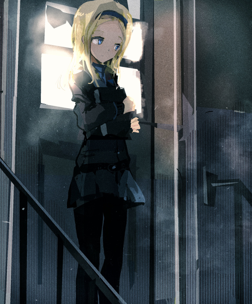 1girl aleksandra_i_pokryshkin backlighting black_legwear blonde_hair blue_eyes book brave_witches dark film_grain hairband highres holding indoors looking_down looking_to_the_side pantyhose sketch skirt solo stairs window world_witches_series