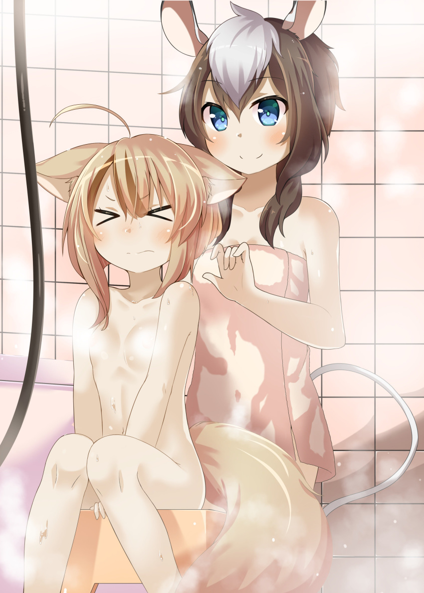 &gt;_&lt; 2girls absurdres animal_ears bath_stool bathing between_legs black_hair blue_eyes breasts brown_hair chaakusu commentary_request convenient_censoring fennery_(show_by_rock!!) fox_ears fox_tail hand_between_legs highres light_brown_hair multicolored_hair multiple_girls naked_towel nude short_hair show_by_rock!! silver_hair sitting small_breasts smile steam steam_censor stool streaked_hair tail towel wet zebra_ears zebra_tail zebrina_(show_by_rock!!)