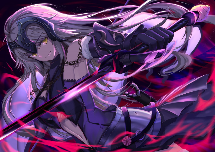 1girl ahoge armor armored_dress banner chains dress dutch_angle eyebrows_visible_through_hair fate/grand_order fate_(series) faulds floating_hair fur-trimmed_gloves fur_trim gloves headpiece holding holding_sword holding_weapon jeanne_d'arc_(alter)_(fate) jeanne_d'arc_(fate)_(all) kyuu_(chiu850513) long_hair midriff navel_cutout outstretched_arms parted_lips purple_dress silver_hair sleeveless sleeveless_dress solo stomach sword very_long_hair weapon yellow_eyes