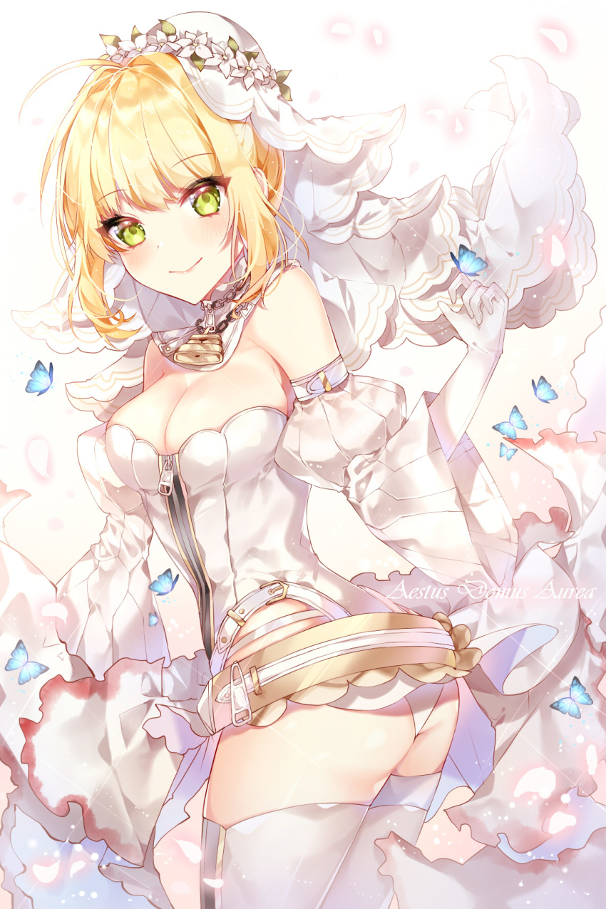 1girl ahoge bangs blonde_hair blush breasts bug butterfly chains closed_mouth detached_sleeves eyebrows_visible_through_hair fate/extra fate/extra_ccc fate/grand_order fate_(series) gloves green_eyes hair_between_eyes highres insect leotard lock looking_at_viewer medium_breasts nero_claudius_(bride)_(fate) nero_claudius_(fate)_(all) smile standing symbol_commentary taya_5323203 thighhighs veil white_background white_gloves white_legwear white_leotard wide_sleeves zipper_pull_tab