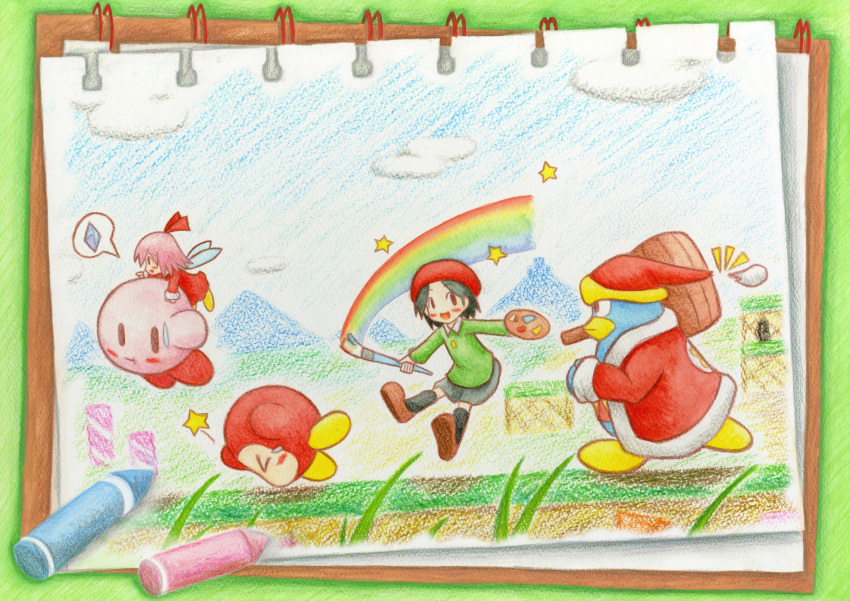 adeleine blue_sky cloud crayon crayon_(medium) crystal dress grass green_shirt hammer highres king_dedede kirby kirby_(series) kirby_64 nintendo pink_hair rainbow red_dress red_headwear ribbon ribbon_(kirby) shirt sketchbook sky speech_bubble star sweatdrop takaramono traditional_media tripping waddle_dee